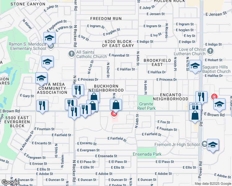 map of restaurants, bars, coffee shops, grocery stores, and more near 6241 East Gary Circle in Mesa