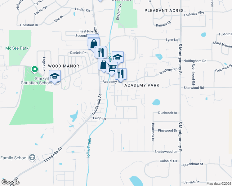 map of restaurants, bars, coffee shops, grocery stores, and more near 101 Academy Village Drive in Starkville
