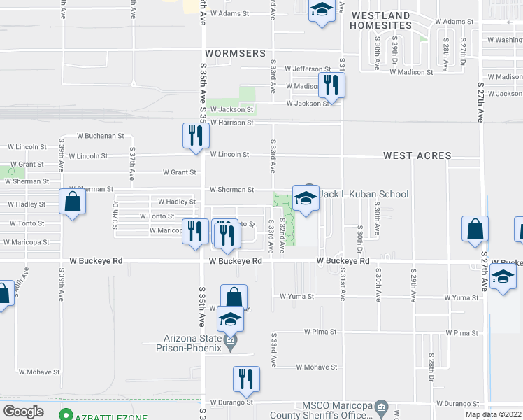 map of restaurants, bars, coffee shops, grocery stores, and more near 3311 West Hadley Street in Phoenix