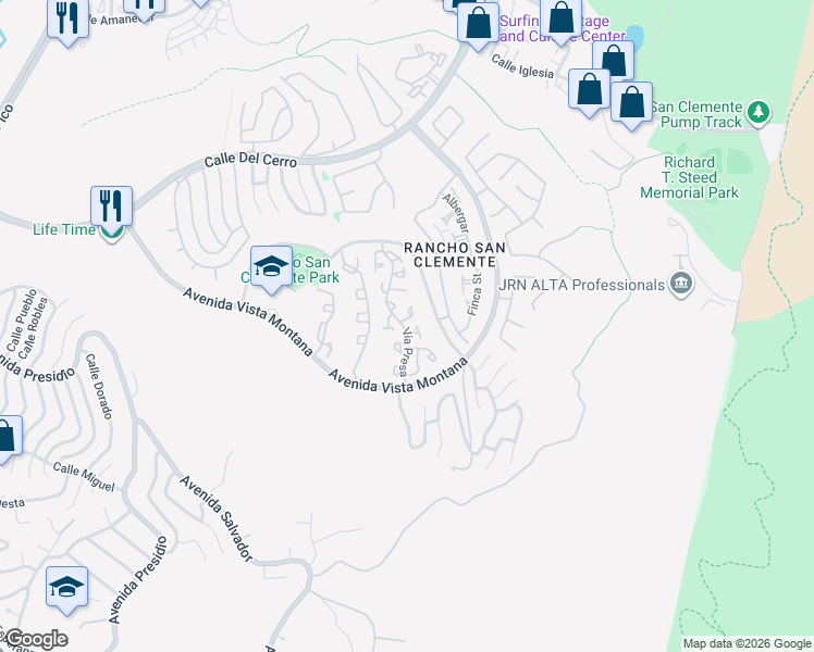 map of restaurants, bars, coffee shops, grocery stores, and more near 423 Via Presa in San Clemente