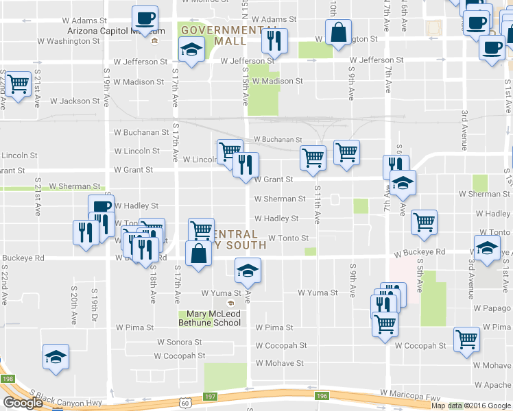 map of restaurants, bars, coffee shops, grocery stores, and more near 1329 West Sherman Street in Phoenix