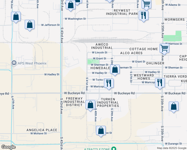 map of restaurants, bars, coffee shops, grocery stores, and more near 4013 West Hadley Street in Phoenix