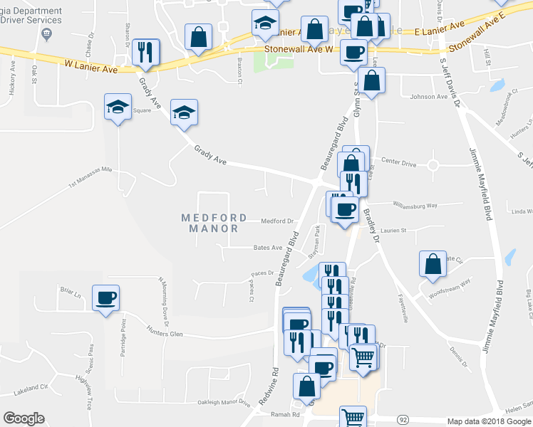 map of restaurants, bars, coffee shops, grocery stores, and more near 155 Medford Drive in Fayetteville
