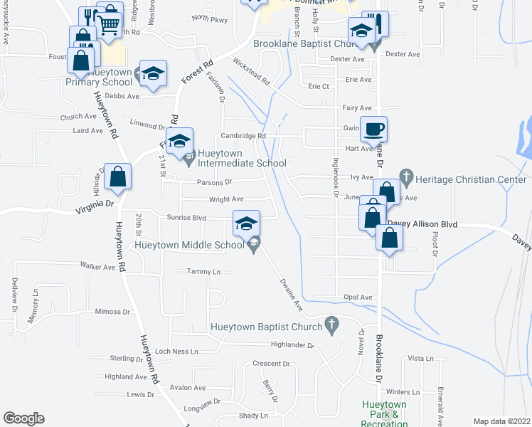 map of restaurants, bars, coffee shops, grocery stores, and more near 628 Sunrise Boulevard in Hueytown