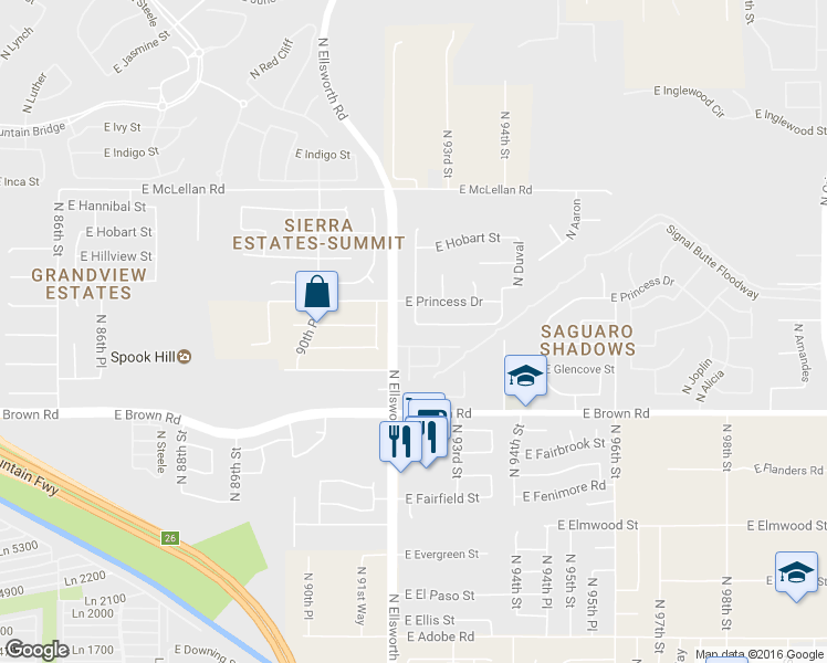 map of restaurants, bars, coffee shops, grocery stores, and more near 9225 East Grandview Street in Mesa