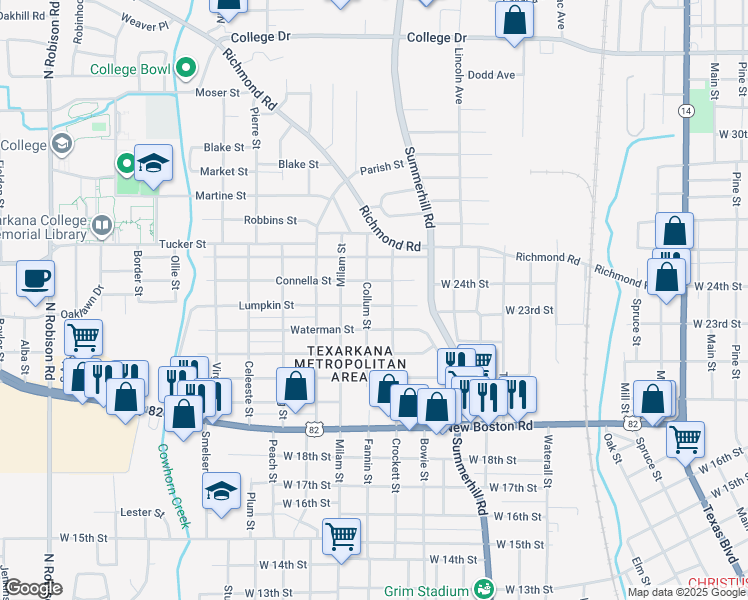 map of restaurants, bars, coffee shops, grocery stores, and more near 222 Lumpkin Street in Texarkana