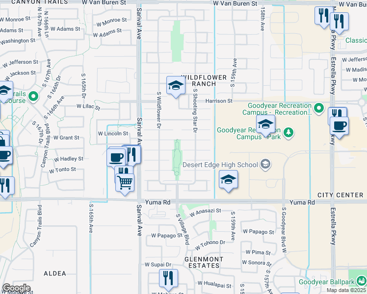 map of restaurants, bars, coffee shops, grocery stores, and more near 16132 West Sherman Street in Goodyear