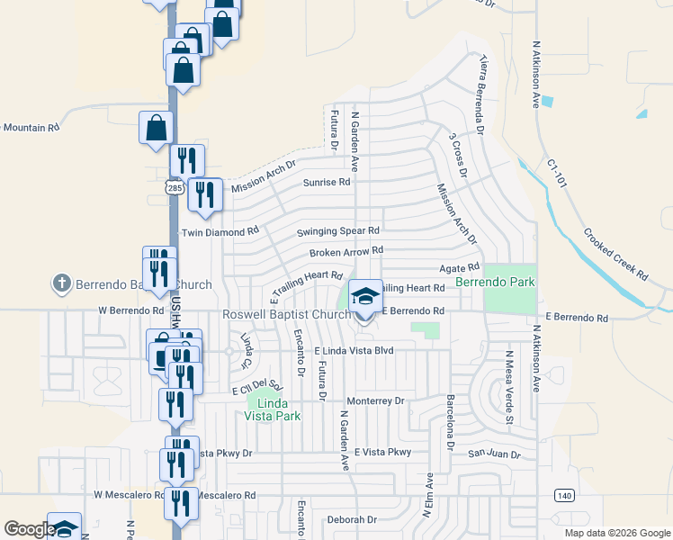 map of restaurants, bars, coffee shops, grocery stores, and more near 607 East Trailing Heart Road in Roswell