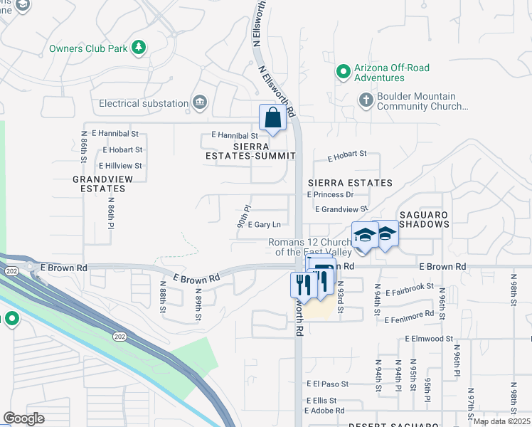 map of restaurants, bars, coffee shops, grocery stores, and more near 9107 East Grandview Street in Mesa