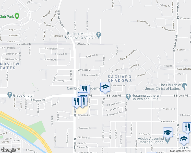 map of restaurants, bars, coffee shops, grocery stores, and more near 9339 East Grandview Street in Mesa