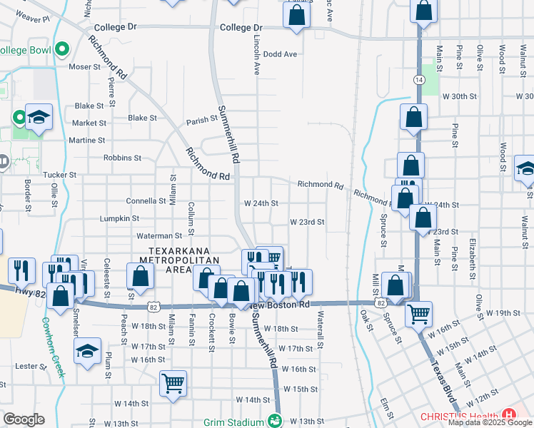map of restaurants, bars, coffee shops, grocery stores, and more near 2311 Stevenson Street in Texarkana