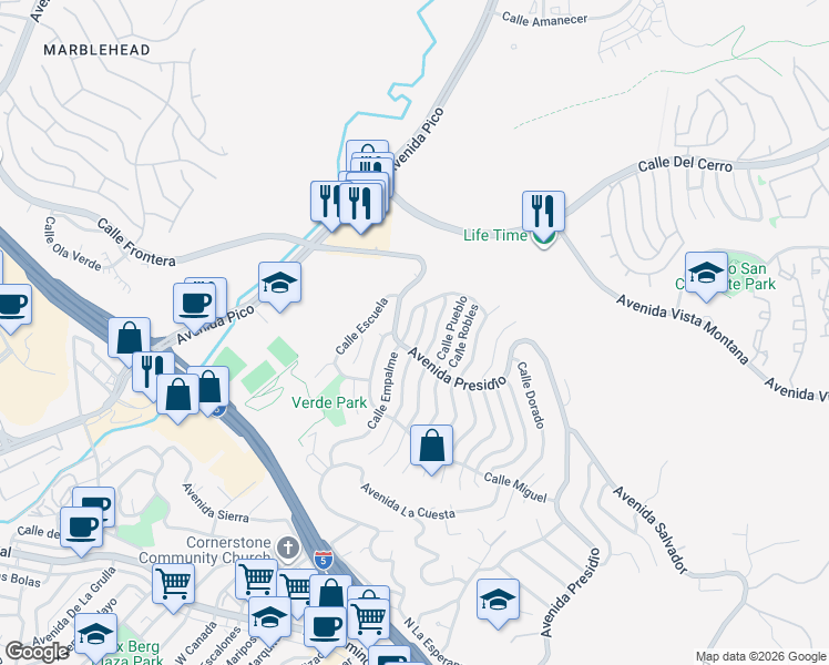 map of restaurants, bars, coffee shops, grocery stores, and more near 405 Calle Fiesta in San Clemente