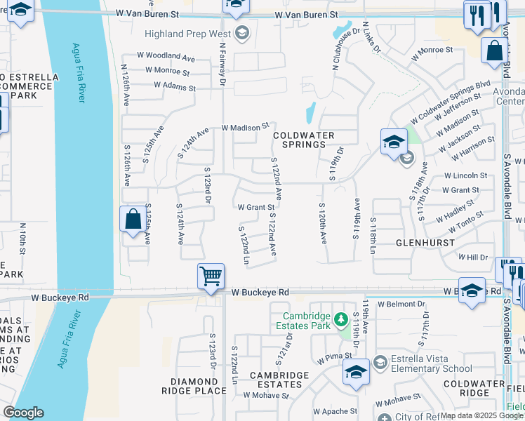 map of restaurants, bars, coffee shops, grocery stores, and more near 601 South 122nd Drive in Avondale