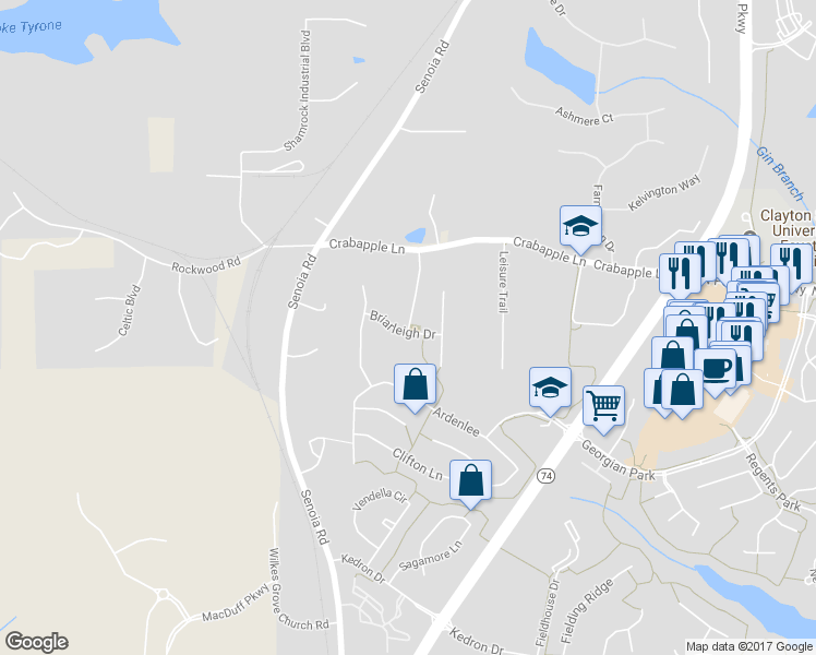 map of restaurants, bars, coffee shops, grocery stores, and more near 300 Grovewood Lane in Peachtree City