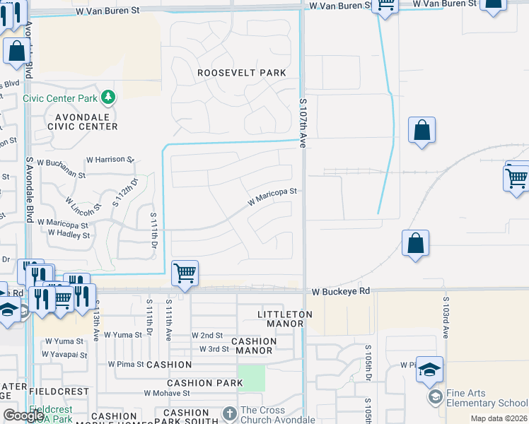 map of restaurants, bars, coffee shops, grocery stores, and more near 10802 West Tonto Street in Avondale