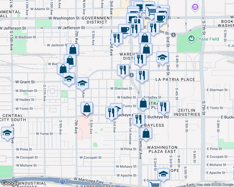 map of restaurants, bars, coffee shops, grocery stores, and more near 817 South 3rd Avenue in Phoenix