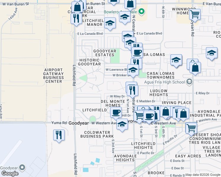 map of restaurants, bars, coffee shops, grocery stores, and more near 228 West Goold Boulevard in Avondale