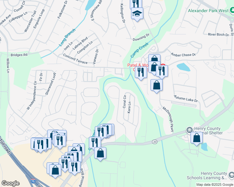 map of restaurants, bars, coffee shops, grocery stores, and more near 1800 Saddlecreek Drive in McDonough