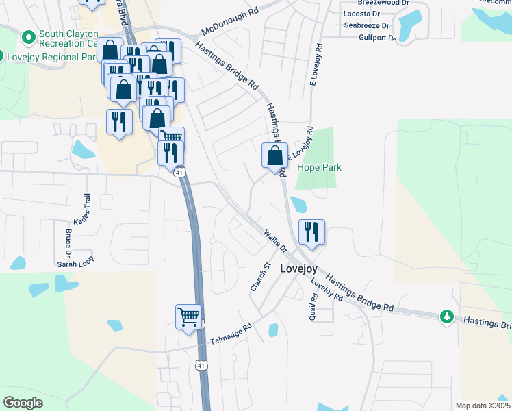 map of restaurants, bars, coffee shops, grocery stores, and more near 11596 East Lovejoy Road in Hampton
