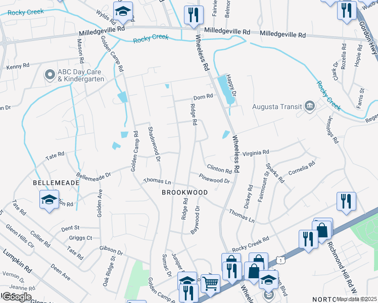 map of restaurants, bars, coffee shops, grocery stores, and more near 2335 Ridge Road in Augusta
