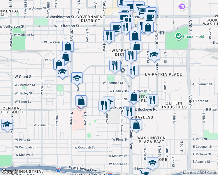 map of restaurants, bars, coffee shops, grocery stores, and more near 817 South 3rd Avenue in Phoenix