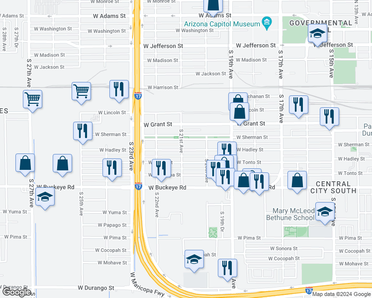 map of restaurants, bars, coffee shops, grocery stores, and more near 2034 West Hadley Street in Phoenix