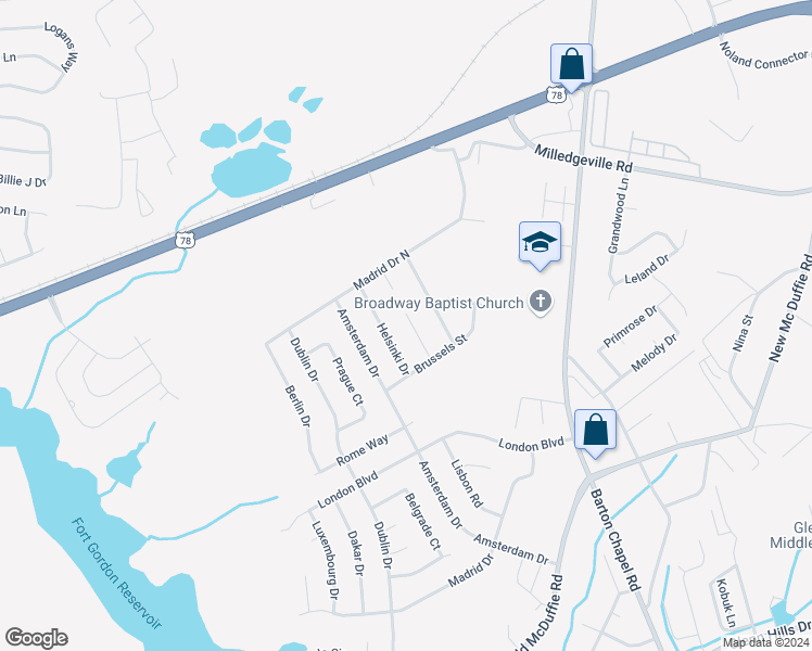 map of restaurants, bars, coffee shops, grocery stores, and more near 2307 Canberra Court in Augusta