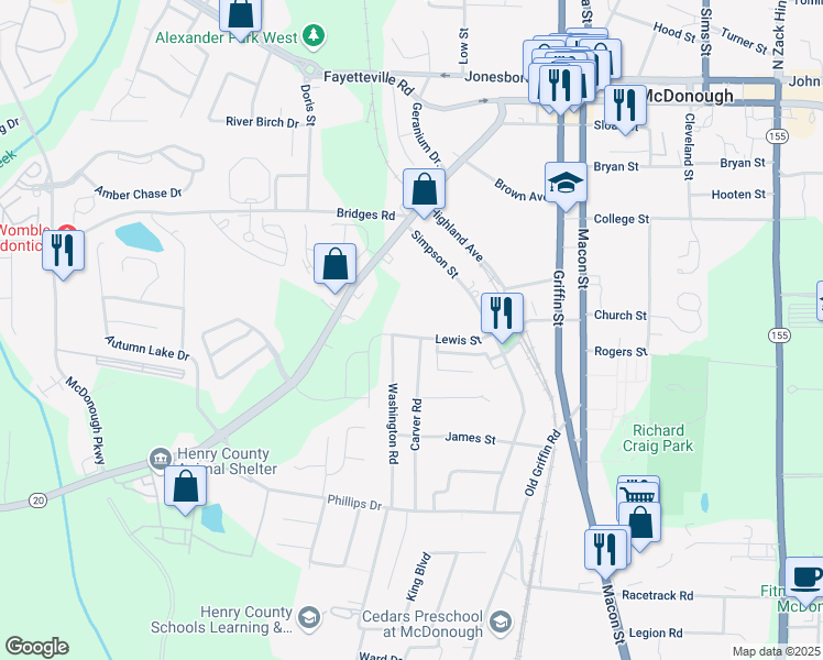 map of restaurants, bars, coffee shops, grocery stores, and more near 41 Payne Drive in McDonough