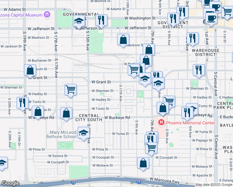 map of restaurants, bars, coffee shops, grocery stores, and more near 1105 W Sherman St in Phoenix