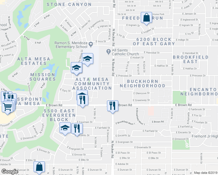 map of restaurants, bars, coffee shops, grocery stores, and more near 1314 North Recker Road in Mesa