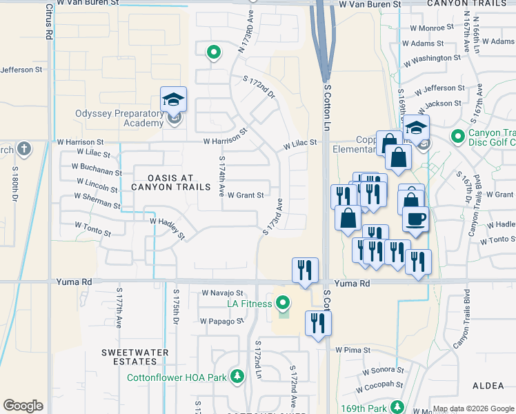 map of restaurants, bars, coffee shops, grocery stores, and more near 17330 West Sherman Street in Goodyear