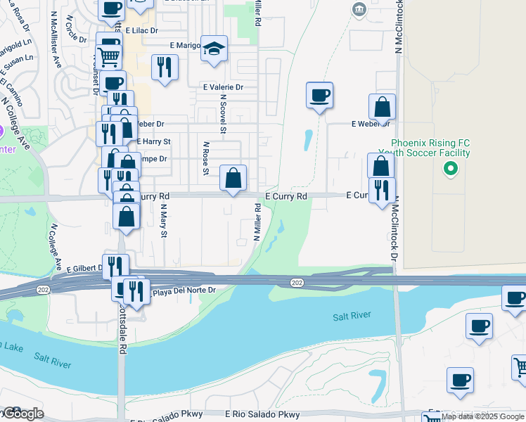 map of restaurants, bars, coffee shops, grocery stores, and more near 909 North Miller Road in Tempe