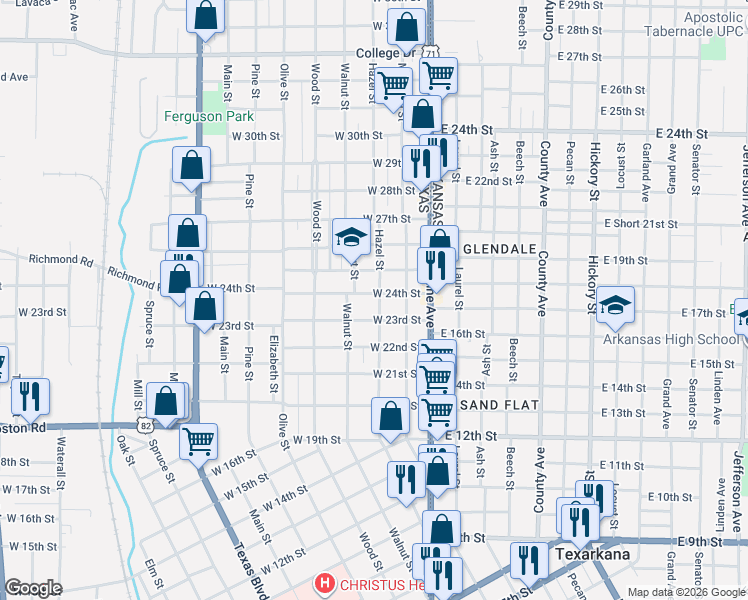 map of restaurants, bars, coffee shops, grocery stores, and more near 2319 Hazel Street in Texarkana
