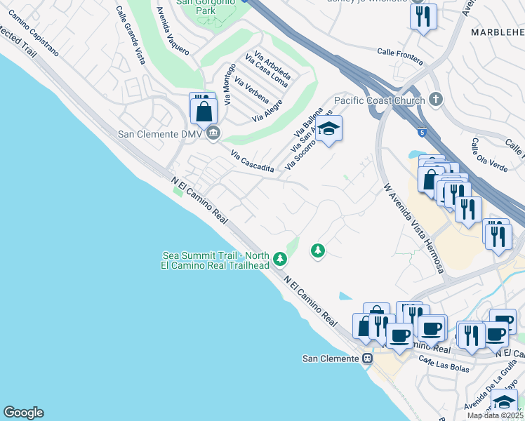 map of restaurants, bars, coffee shops, grocery stores, and more near 345 Camino San Clemente in San Clemente