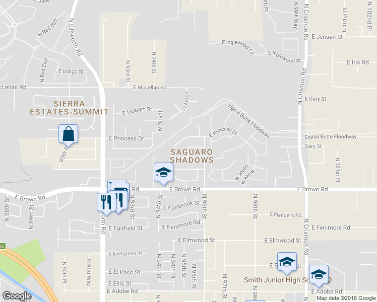 map of restaurants, bars, coffee shops, grocery stores, and more near 1330 North Aaron in Mesa
