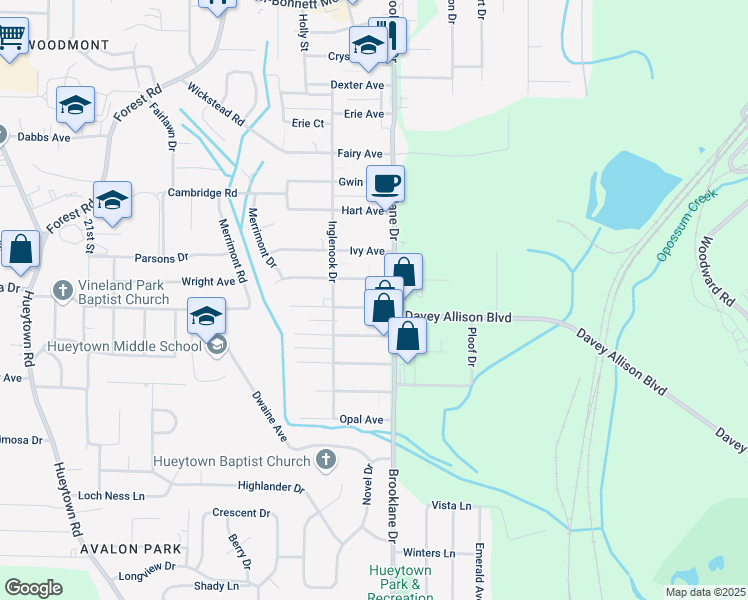 map of restaurants, bars, coffee shops, grocery stores, and more near 110 Kentwood Avenue in Hueytown