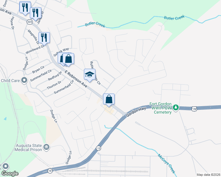 map of restaurants, bars, coffee shops, grocery stores, and more near 3006 Pepperhill Drive in Grovetown