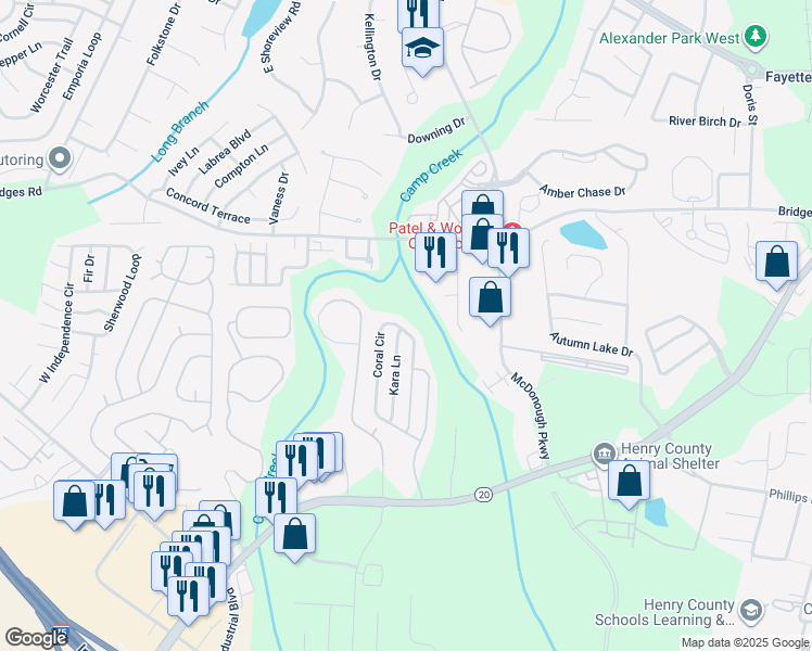 map of restaurants, bars, coffee shops, grocery stores, and more near 309 Coral Circle in McDonough