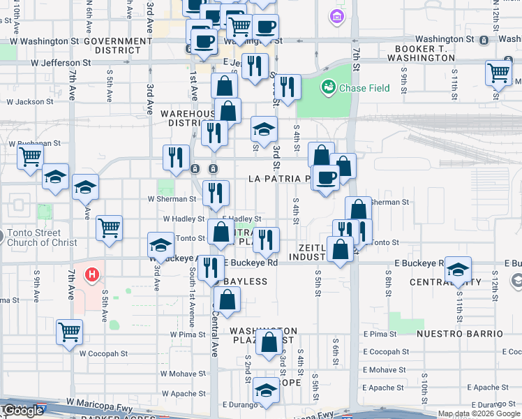 map of restaurants, bars, coffee shops, grocery stores, and more near 741 South 2nd Street in Phoenix