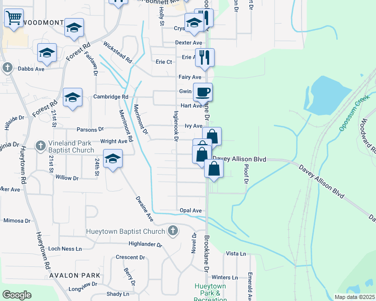 map of restaurants, bars, coffee shops, grocery stores, and more near 110 Kentwood Ave in Hueytown