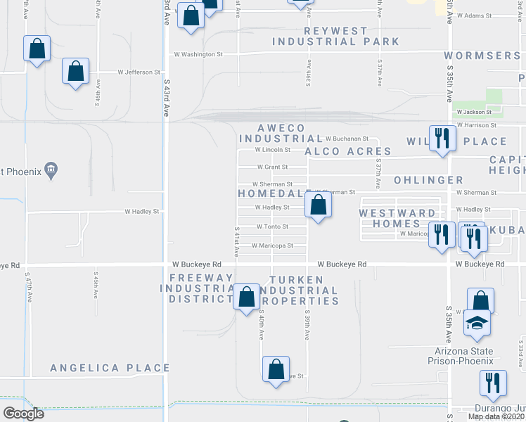 map of restaurants, bars, coffee shops, grocery stores, and more near 4013 West Hadley Street in Phoenix
