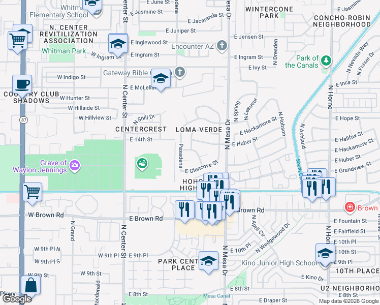 map of restaurants, bars, coffee shops, grocery stores, and more near 1332 North Wilbur in Mesa