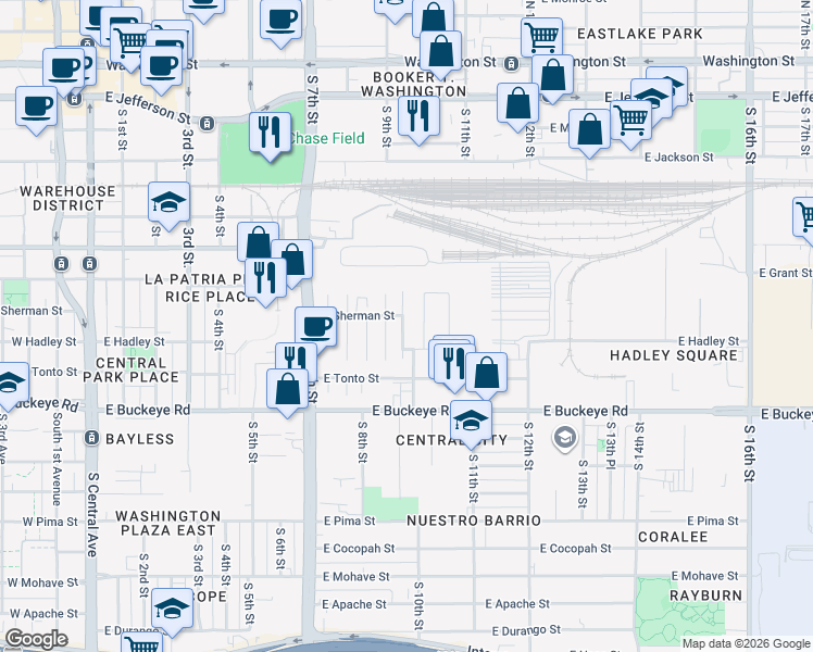 map of restaurants, bars, coffee shops, grocery stores, and more near 811 South 9th Place in Phoenix