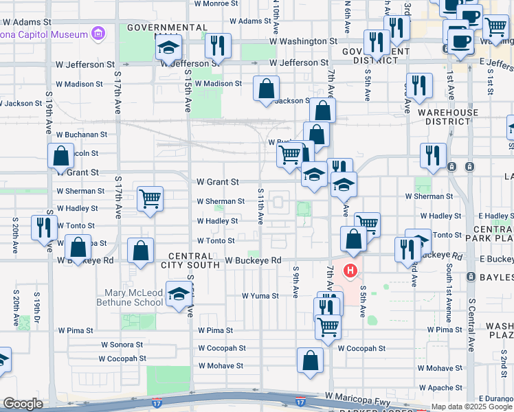 map of restaurants, bars, coffee shops, grocery stores, and more near 1105 West Sherman Street in Phoenix