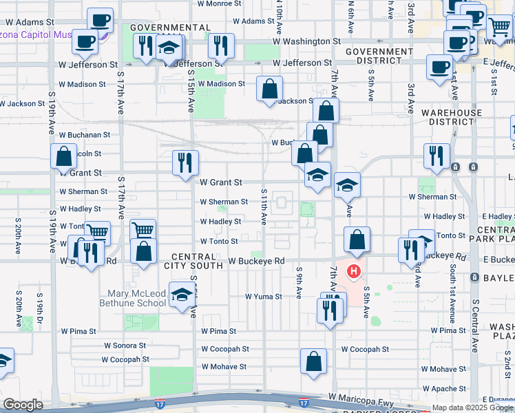map of restaurants, bars, coffee shops, grocery stores, and more near 1105 West Sherman Street in Phoenix