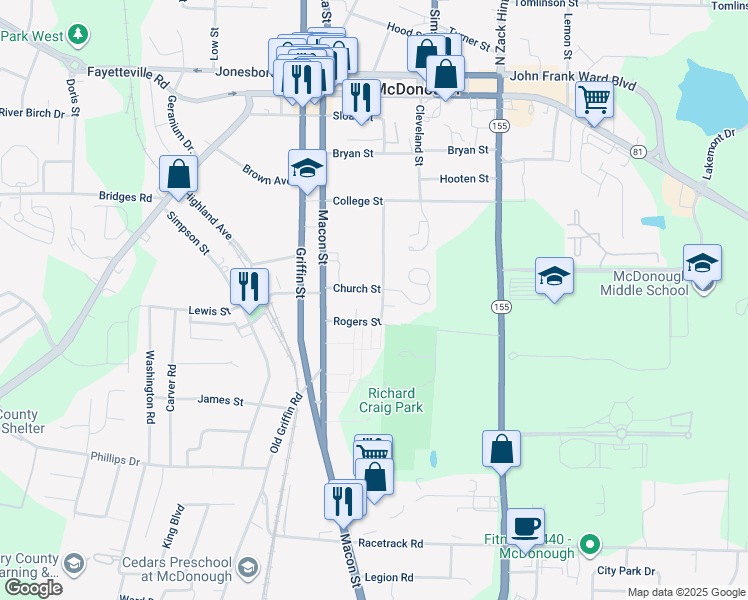 map of restaurants, bars, coffee shops, grocery stores, and more near 303 Rogers Street in McDonough