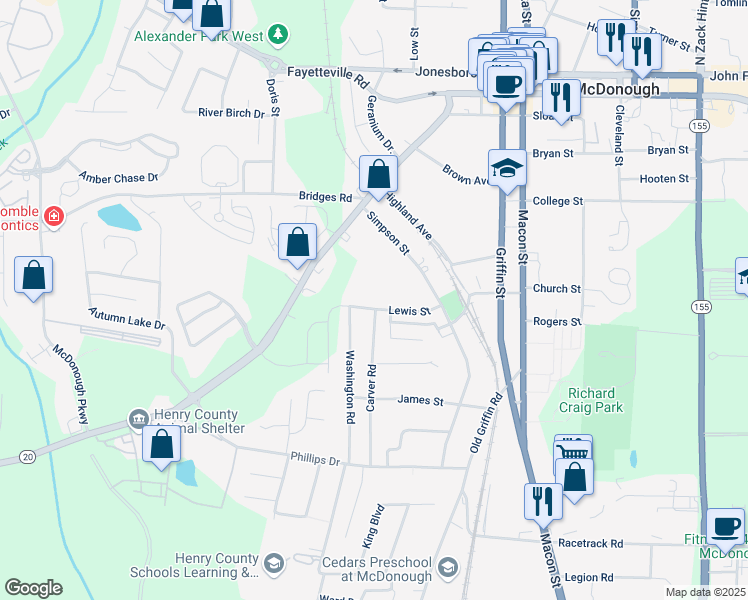 map of restaurants, bars, coffee shops, grocery stores, and more near 41 Payne Drive in McDonough
