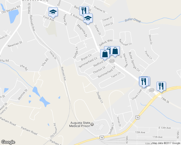 map of restaurants, bars, coffee shops, grocery stores, and more near 124 Thorton Drive in Grovetown