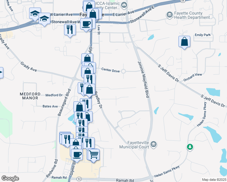 map of restaurants, bars, coffee shops, grocery stores, and more near 155 Williamsburg Way in Fayetteville