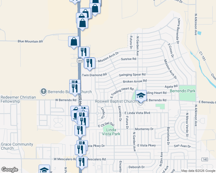 map of restaurants, bars, coffee shops, grocery stores, and more near 315 Broken Arrow Road in Roswell